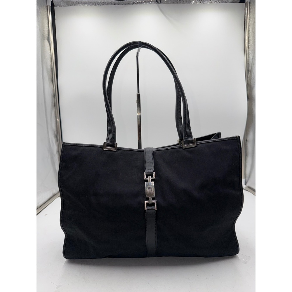 Gucci Vintage Jackie Black Nylon Leather Piston Lock Shoulder Tote